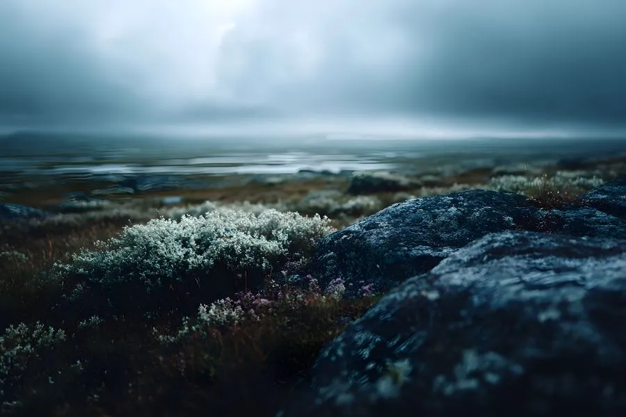 Plants growing on a hill in a cold environment.